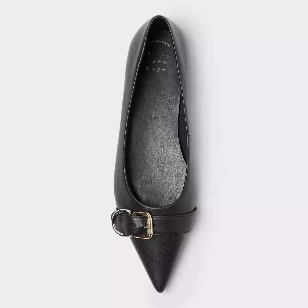 Women's A New Day Valentina Pointed Toe Buckle Flats‎ Black Size 7 New in Box